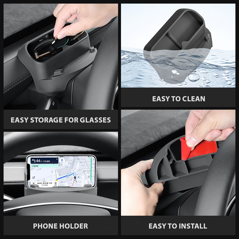Solbrilleoppbevaring og mobilholder foran ratt - Model Y 2025+